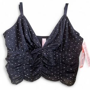 Elegant Black Ruched Spaghetti Strap Camisole with silver polka dots (NWT)